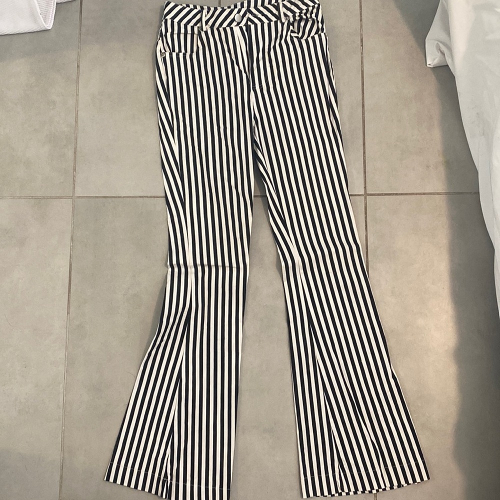 Black and white striped flare pants
